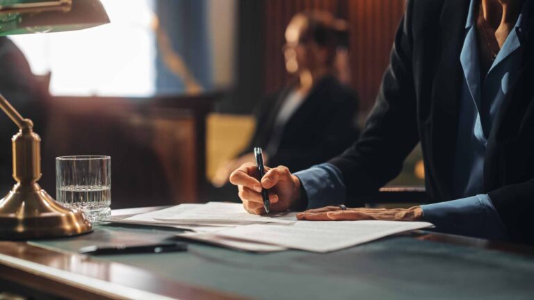 Lawyer writing notes in court room